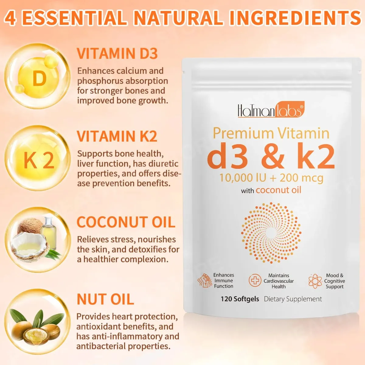 HatmanLabs Vitamin D3 & K2 Softgels with Coconut Oil Bone Health & Cardiovascular Support 120 Softgels Non-GMO Gluten-Free