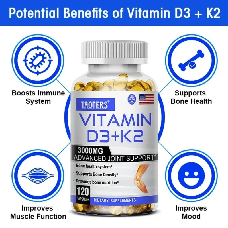 Vitamin D3 K2 Capsule Promotes Strong Bones Calcium Absorption for Teeth Heart Cardiovascular Health
