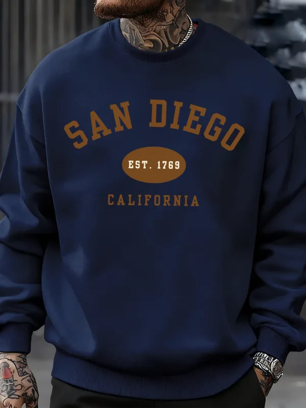 San Diego California Letter Printed Men Pullover Sweatshirts Soft Fleece Sweatshirt Crewneck Casual Clothes Oversized Streetwear