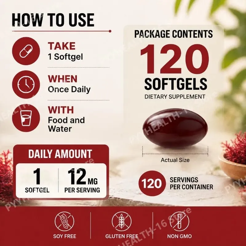 Astaxanthin Softgels 12 Mg From Microalgae Triple Strength Antioxidant Support for Skin Aging Eye Health 120 Softgels