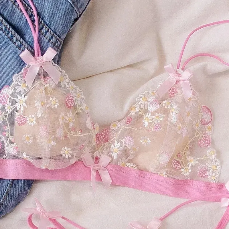 Conjunto de bralette de renda sexy para mulheres copo triangular sem fio lingerie confortável