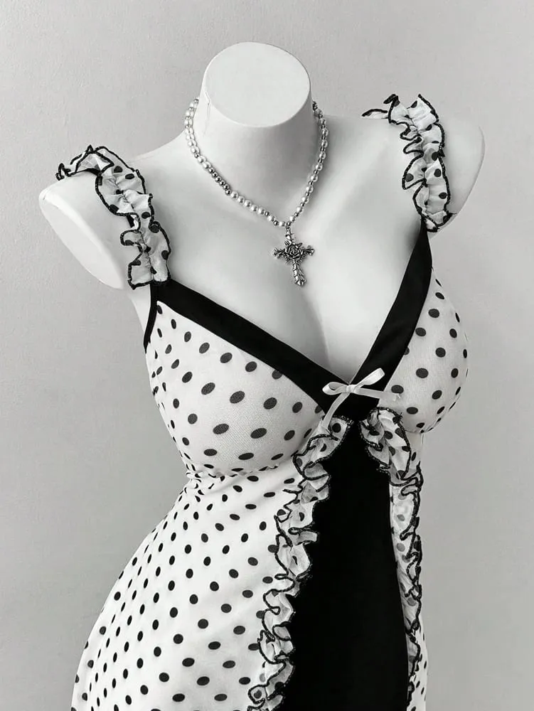 Plus Size Y2K Polka Dot Dress Ruffle Trim Bow Front Cami Mini Dress Sexy Sweet Coquette Style Party Dress for Women — image 7