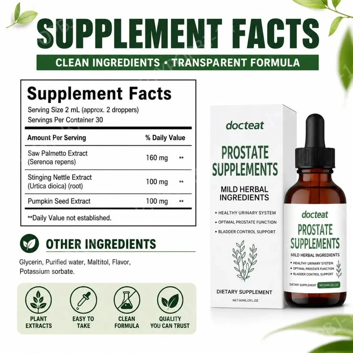 Docteat Prostate Health Supplement Liquid Drops 60ml with Saw Palmetto Extract Stinging Nettle Root Extract And Pumpkin Seed Ext