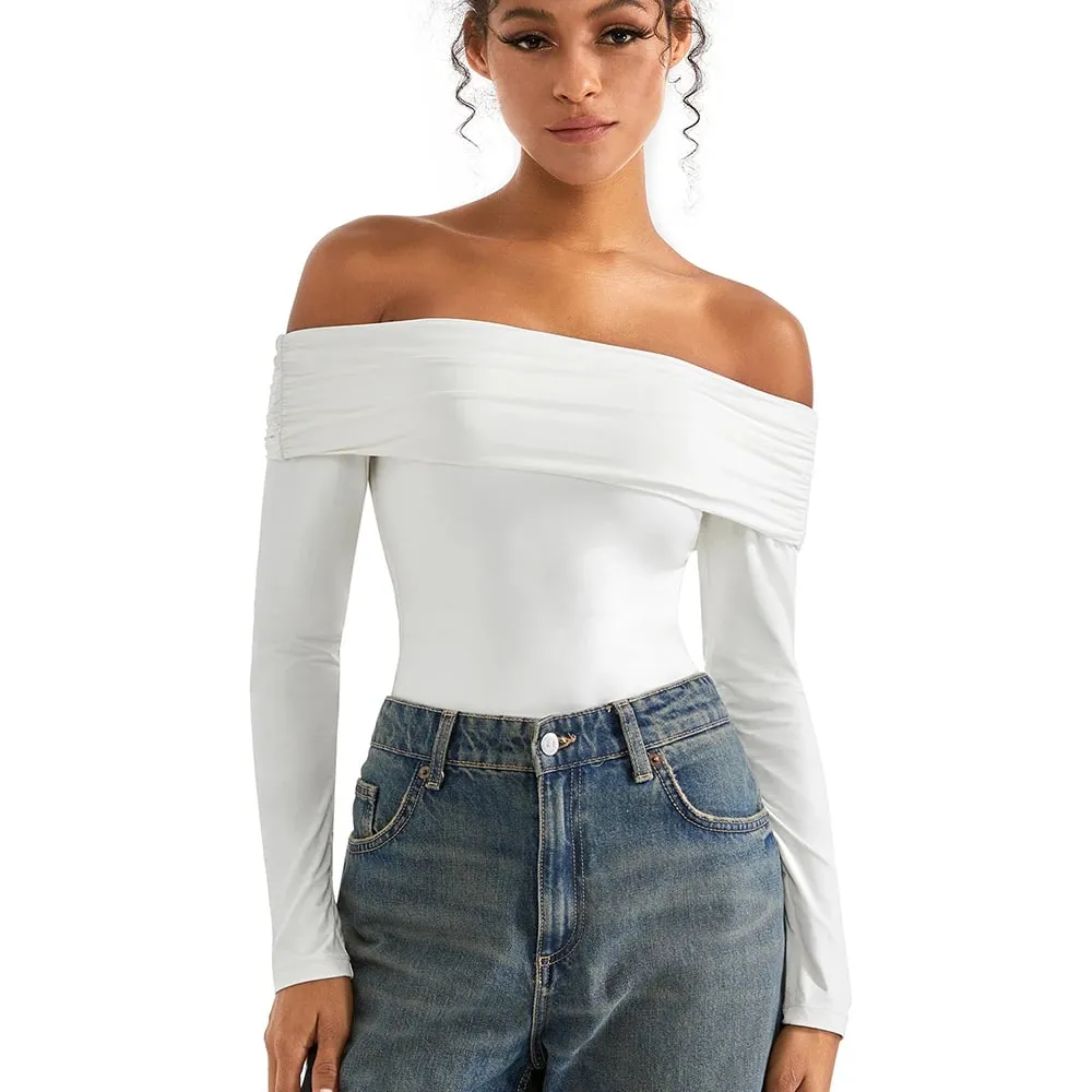 Basic Long Sleeve Bodysuit Blouse for Women Autumn Winter Slim Fit Off Shoulder Bodysuits Streetwear Y2K Bodycon Rompers Femme