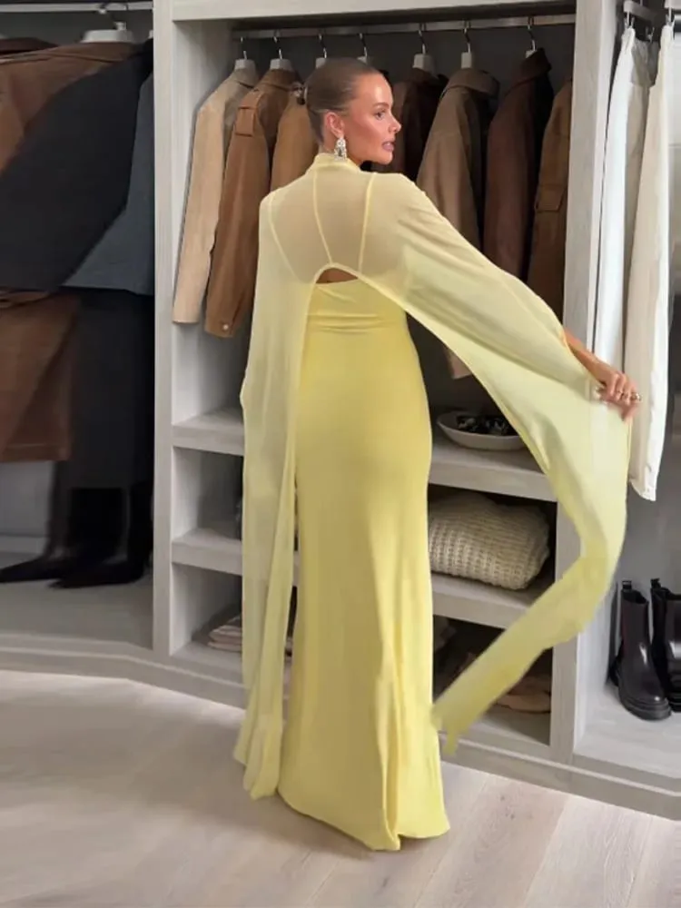 Sheer Cape Women's Evening Dresses Elegant Slim V-neck Backless Sleeveless Hip Package Dress For Woman 2026 Lady Party Vestidos