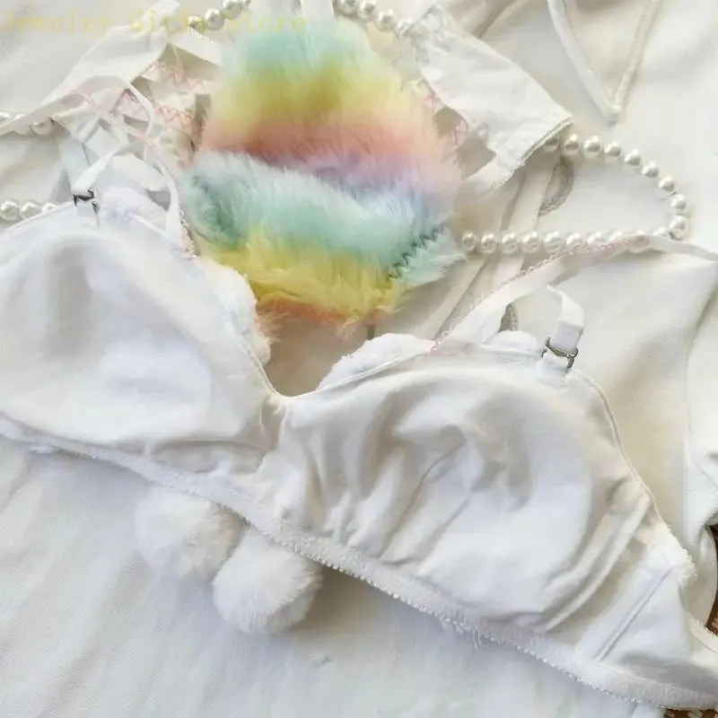 Aesthetic Rainbow Star Plush Bra and Panty Set for Women Brassiere Lingerie Furry Underwear Anime Cosplay Outfit 2 Piece