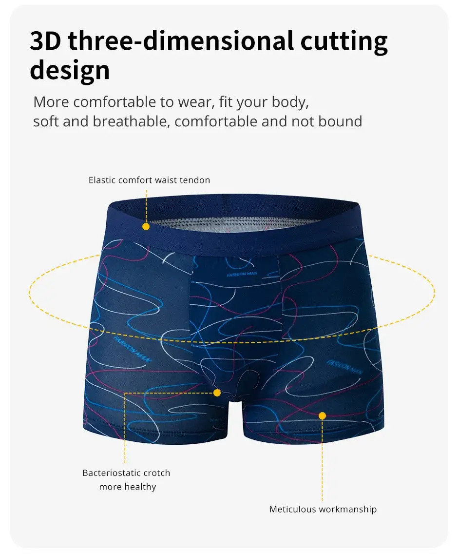 Sous-vêtements imprimés MODE HOMMES 4 pièces Boxers respirants à l'entrejambe pour adolescents Sous-vêtements confortables grande taille jusqu'à 6XL.