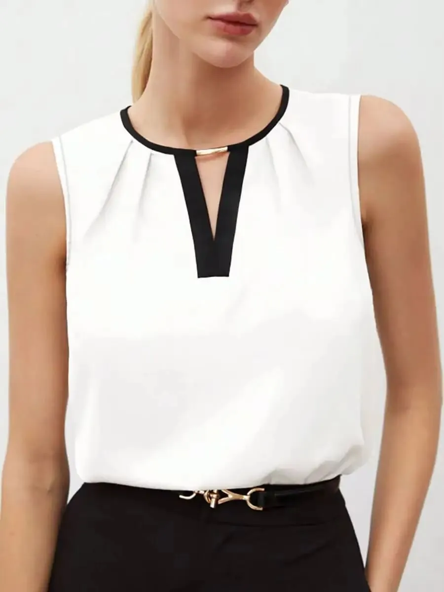 Women's Tank Top Spring Summer White Black Contrast Trim V Neck Sleeveless Loose Elegant Office Daily Work Top