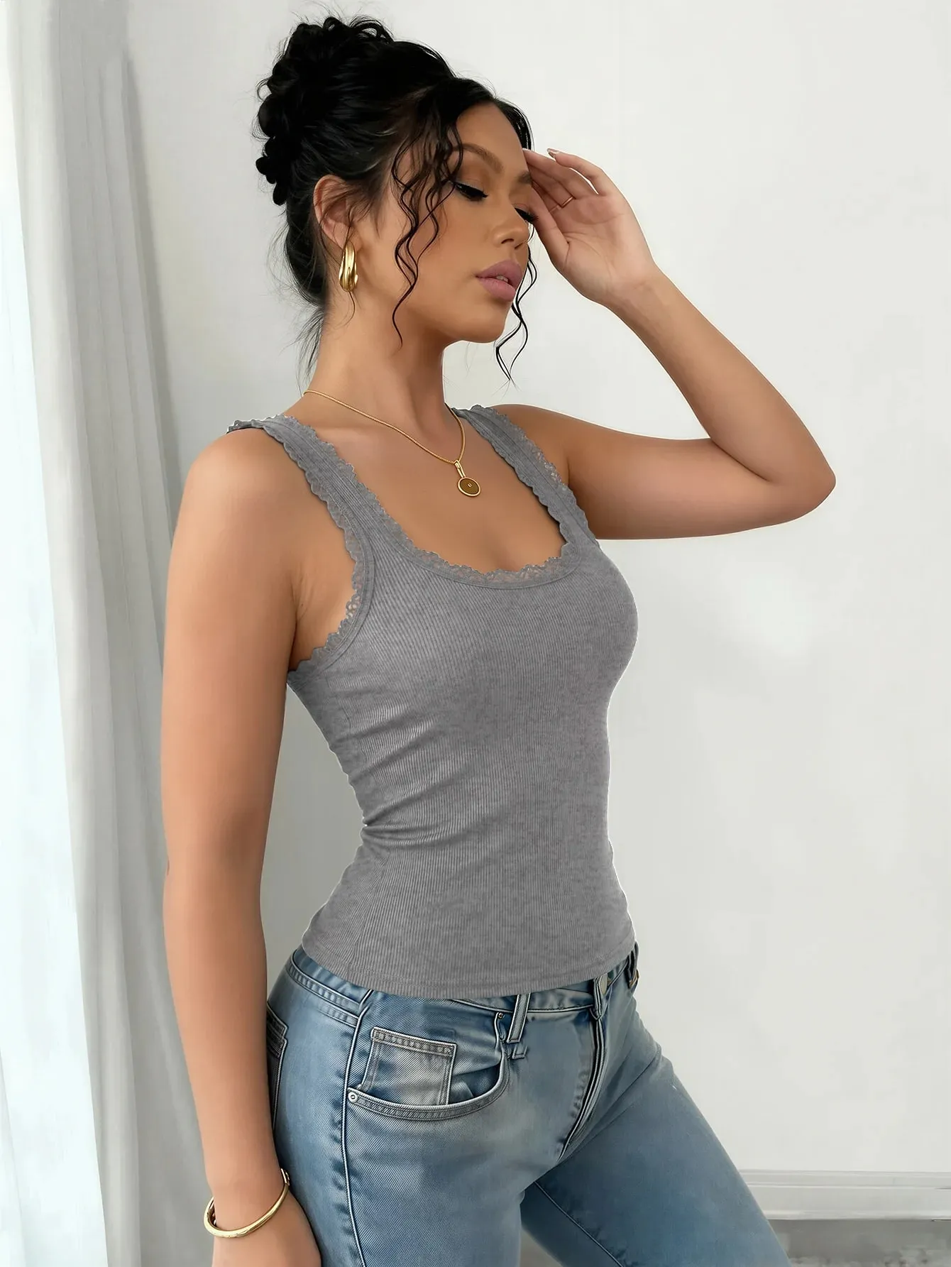 4-Pack Women's Ribbed Knit Tank Tops Lace Trim U-Neck Slim Racerback Vests Sleeveless Tops for Summer Casual & Sports