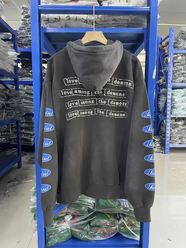 25FW Washed Grey SAINT Hoodies Men Woman Oversize Streetwear Damaged Hooded Pullovers Graphic Print Sweatshirts