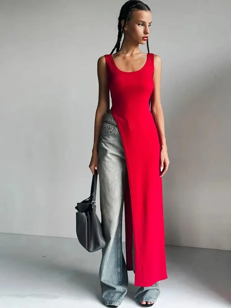 Sexy sleeveless side high slit dress solid color back free women's MIDI dress summer party club streetwear y2k — image 6
