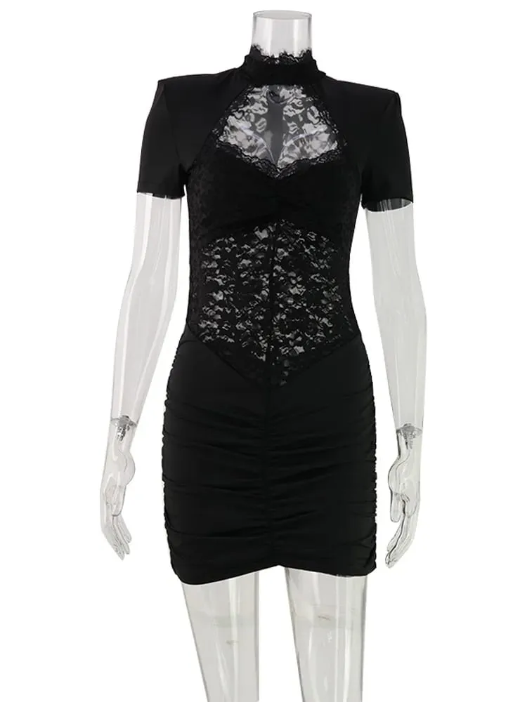 Lace Patchwork Hollow Out Women Dresses Short Sleeve Hip Wrap Sheath Trendy Hot Girl Sexy Club Outfits Female Bodycon — image 5