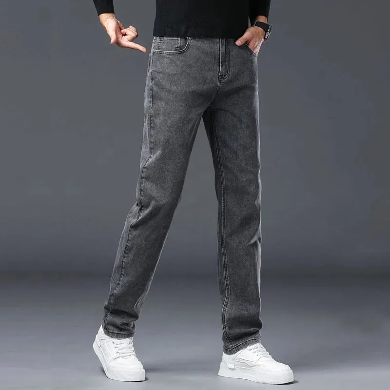 Men's Slim Jeans Korean Fashion Elastic Straight Casual Denim Pants Comfortable Work Male Spring Autumn Trousers Black Gray