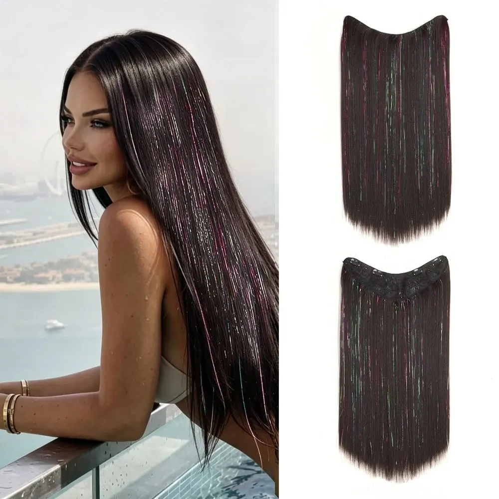 24Inch Synthetic Long Straight Clip‑in Hair Extensions Sparkling Tinsel Hair High‑Temp Fiber Hairpiece for Women Party Cosplay
