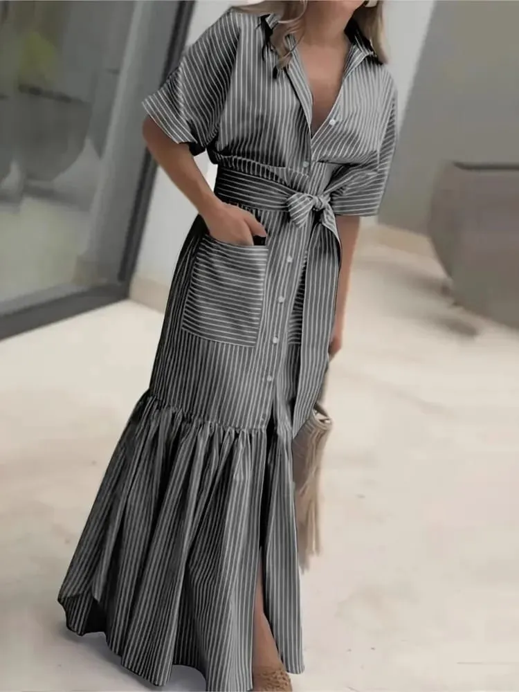 Striped Short Sleeved Loose Mid Length Lace Up Waist Dress With Single Breasted Pocket Shirt Dresses For Women Ropa Mujer