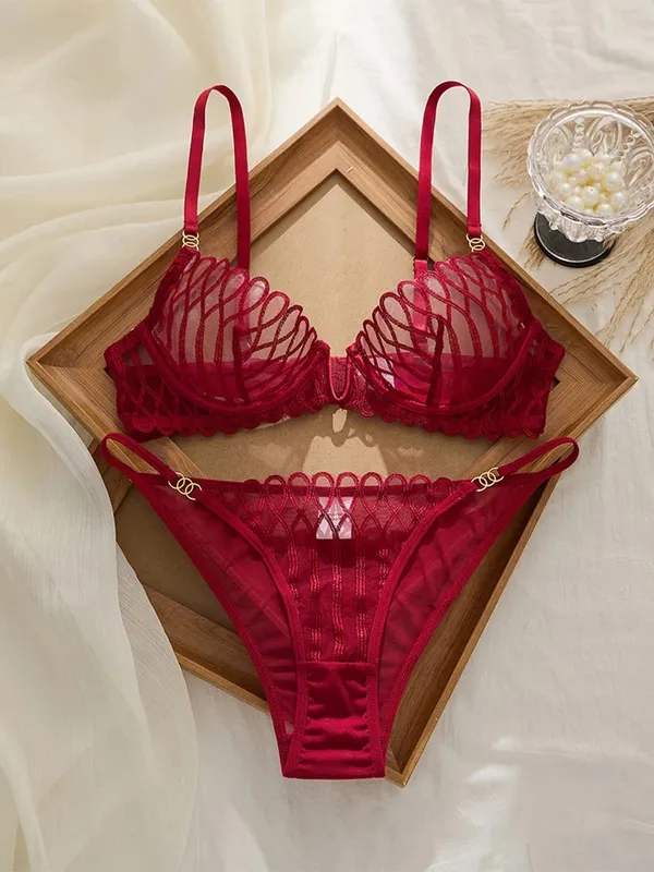 New Lace Transparent Lingerie Set Sexy Hot V Neck Anti Sagging Breathable Bra Panty Ensemble Fashion Daily Women Clothes Supply