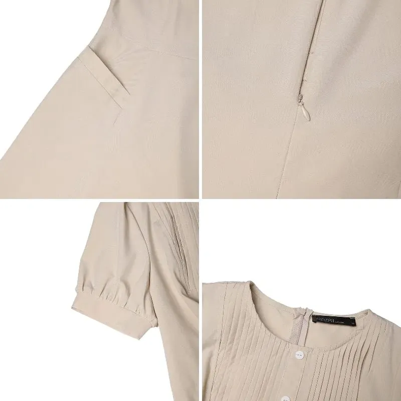 Summer Pleated Women Dress Fashion ZANZEA Solid Vestidos Short Sleeve Sundress OL Work Streetwear Party Knee Length Dresses