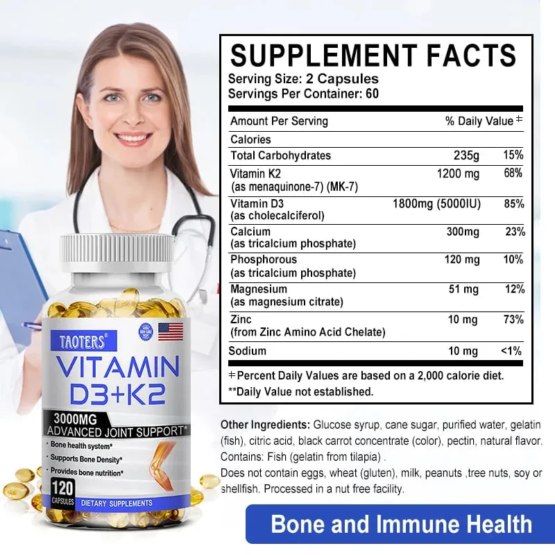Vitamin D3+K2 Supplement To Support Joint Bone and Immune Health Non-GMO Formula Easy-to-swallow Vitamin D & K Complex