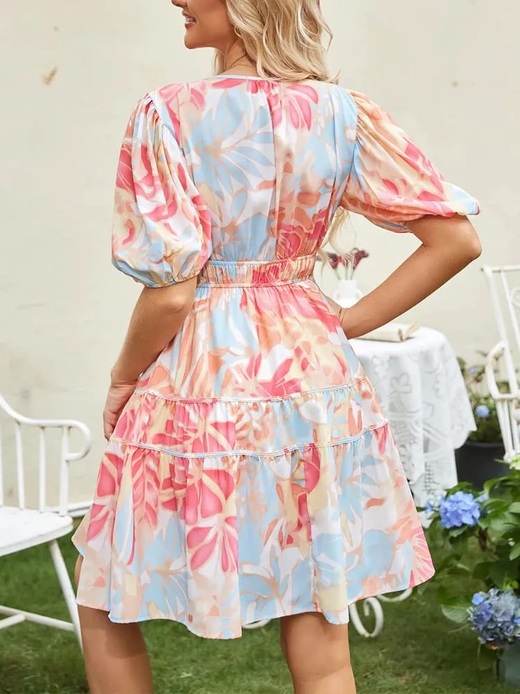 New Summer Comfortable and Loose-Fitting Short-Sleeve Casual Women's Dress with an Elegant V-Neck and Fashionable Print