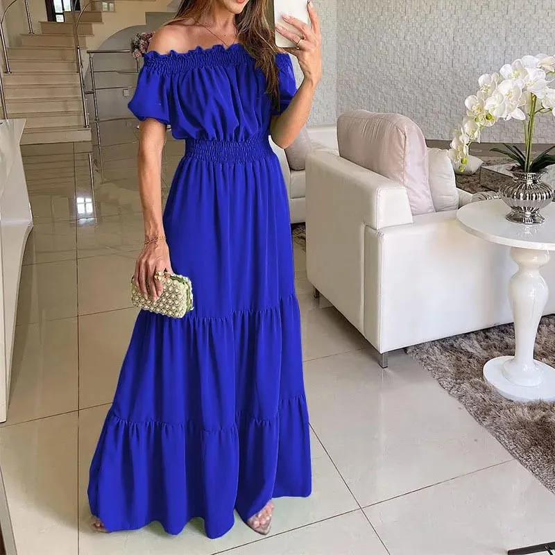 2025 Summer Solid Boho Dress Women Fashion Elegant Beach Party Dress Casual Slash Neck Office Maxi Dresses For Woman Robe Femme