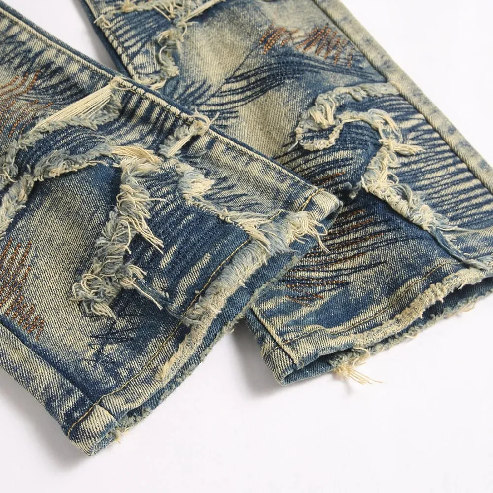 Men Embroidery Patch Boot Cut Jeans Patchwork Stretch Denim Slim Flared Pants Vintage Blue Streetwear Trousers — image 5