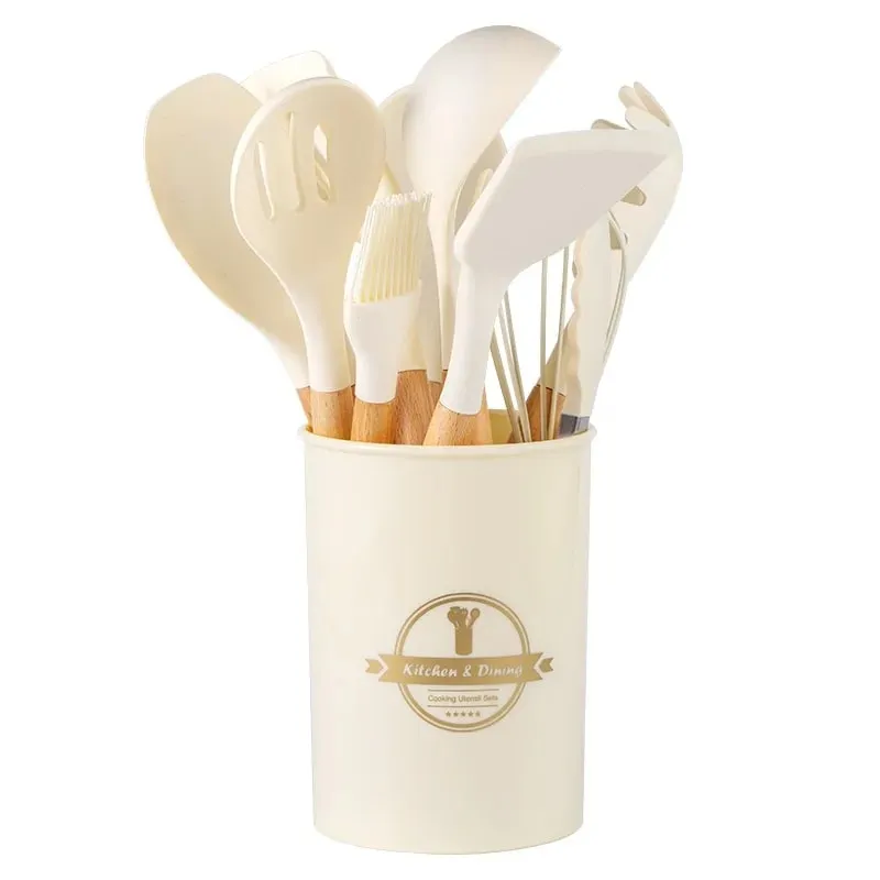 2/12Pcs White Silicone Kitchen Utensils Set with Wooden Handle Cookware Spatula Heat Resistant Non-stick Kitchen Cooking Tools