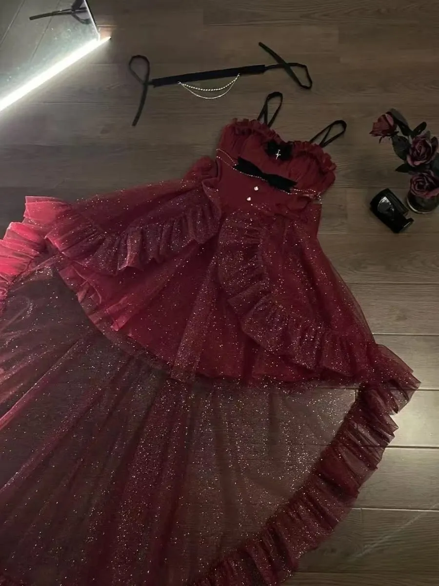 Gothic Red Lolita JSK Dress Women Spaghetti Strap Ruffle Tulle Skirt Chain Bow Decor High Low Hem Vintage Princess Party Dress