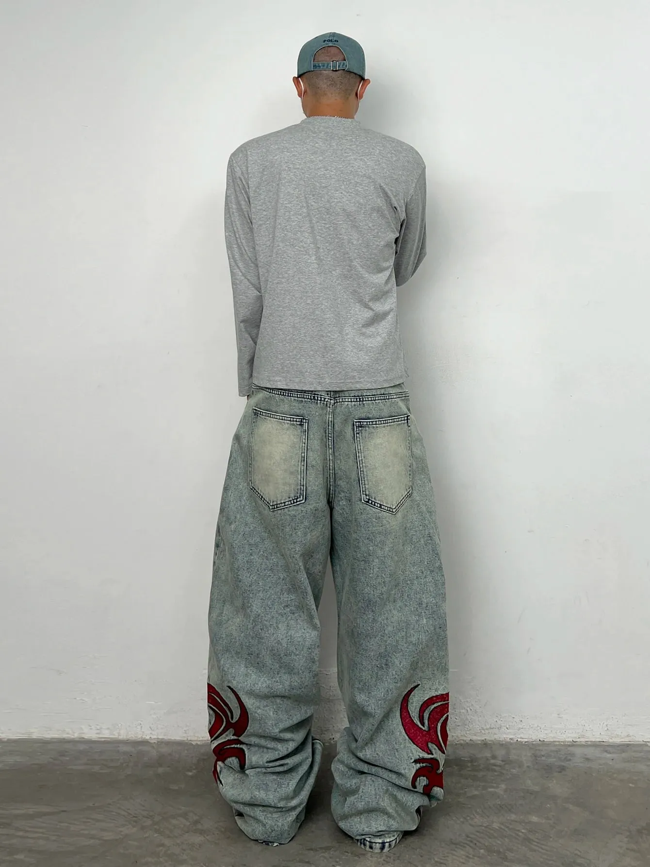 American Vintage Double-Waist Embroidery Design Blue Men's Loose Wide-Leg Jeans Y2K Street Hip-Hop Trendy Versatile Pants