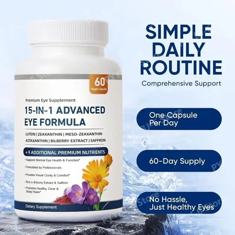 15 in 1 Advanced Eye Formula Lutein Zeaxanthin Bilberry Extract Vitamin C & E Supports Eye Health 60 Veggie Capsules for adult