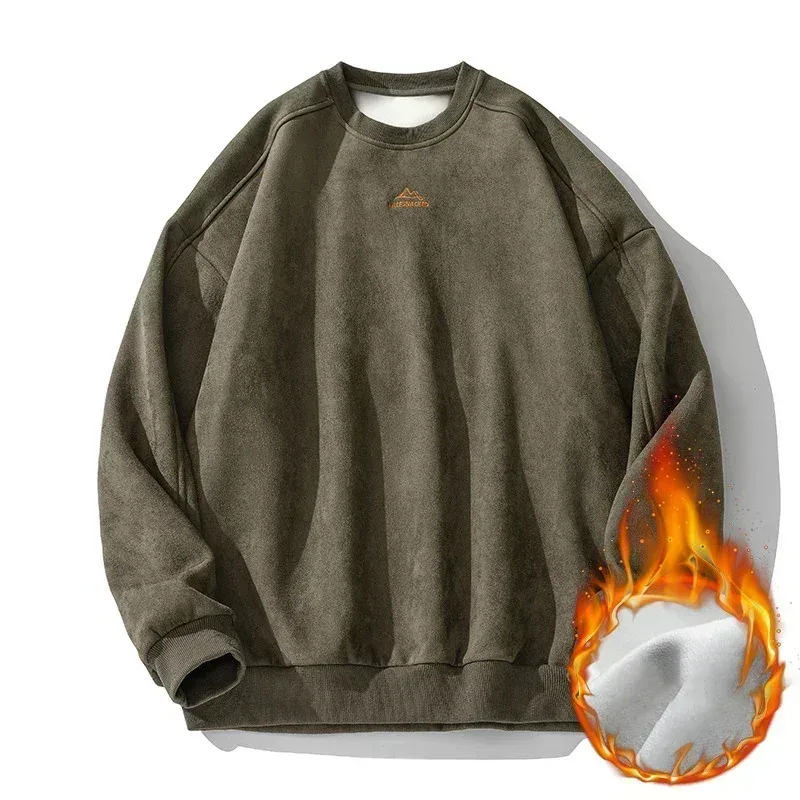 Brand Suede Sweatshirts for Men 2026 New Autumn Winter Clothing Baggy Vintage Pullovers Couples O Neck Oversize Blouse