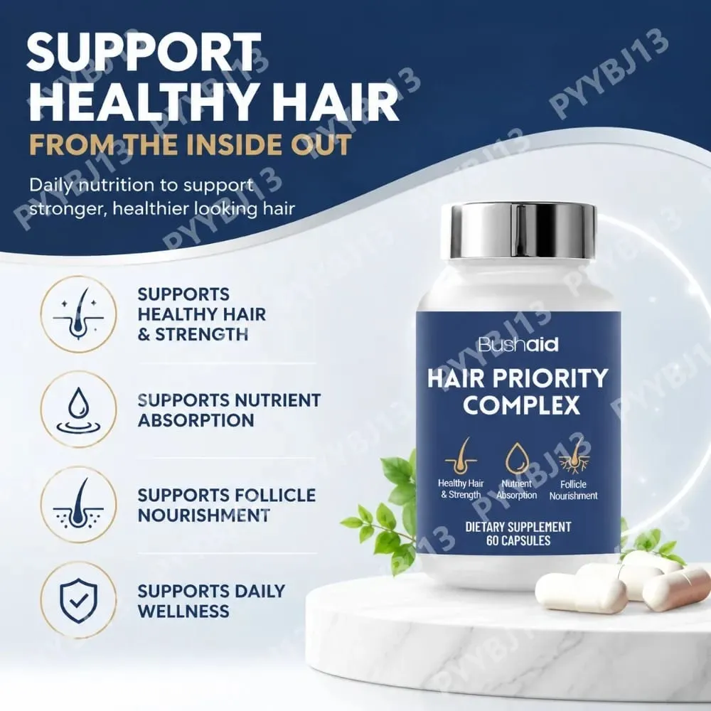 BushAid Hair Nutrition Capsules with Biotin Hydrolyzed Keratin Peptides Zinc and L-Leucine for Daily Hair Wellness 60 Count