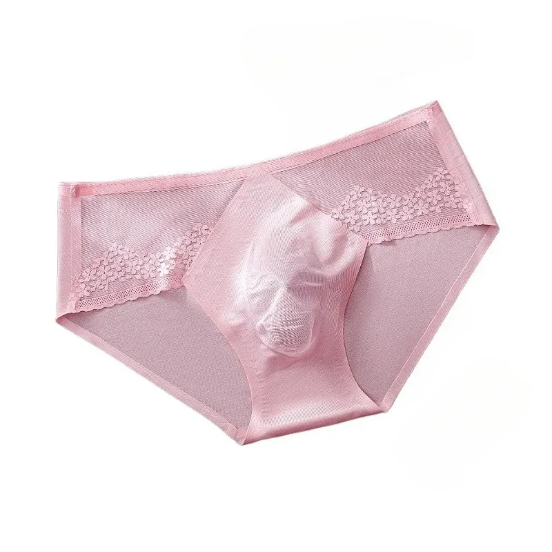 Men Briefs Summer Ultra-Thin Ice Silk Panties 3D Stamping Silk Splicing Lace See Through Underwear Seamless Sissy Underpants