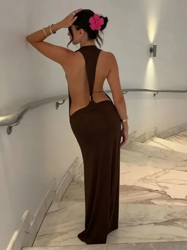 Pevná ohlávka Boční výstřih na zádech Maxi šaty Dámské Strečový dres Délka podlahy Tenké šaty Bodycon Noční klub Rekreační župan