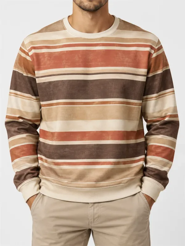 Moletom masculino listrado vintage, gola redonda, casual, manga comprida, pulôver, bloco de cores, outono, moda diária, top clássico