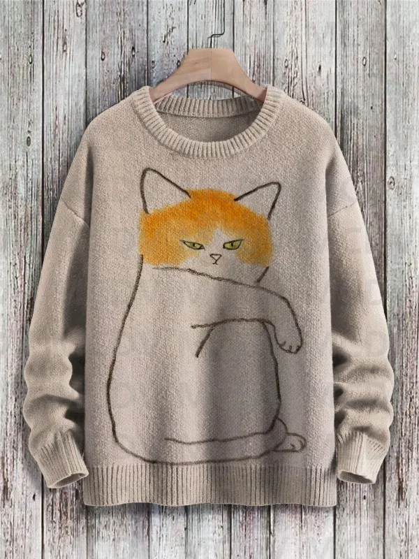 Corak Seni Burung Bunga Kucing Hitam yang comel Cetak Sweater Pullover Bersatu Kasual Sweater Klasik Pullover Lelaki Untuk Wanita