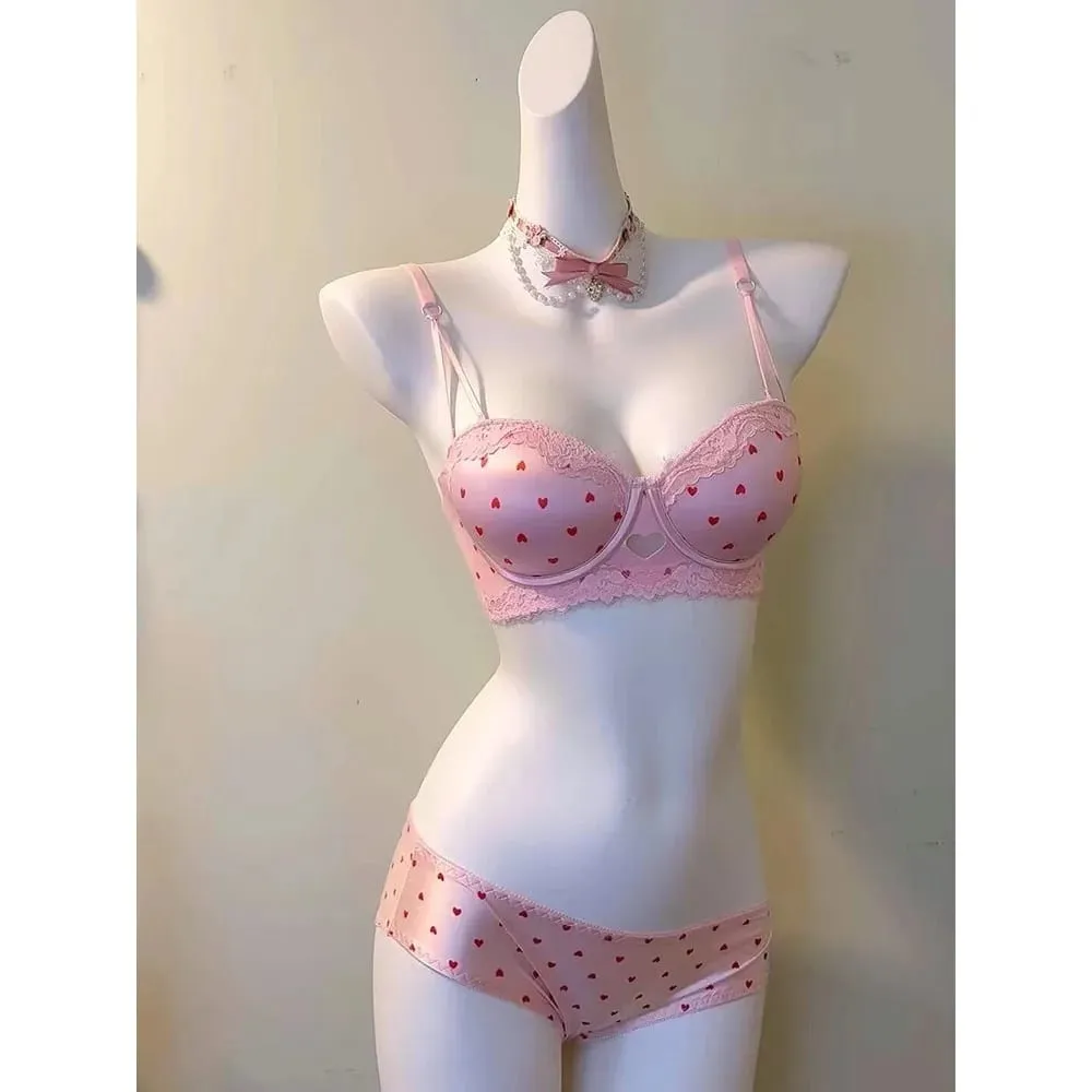 Cute Sweet Heart Lace Bra & Panty Set Sexy Push Up Side Support Anti Sag Soft Lingerie For Small Bust 32‑38AB Bra set