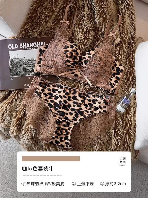 Women Leopard Lace Lingerie Set 32‑38AB Wireless Push‑Up Bra Side Breast Support Anti‑Sag Sexy Pure Desire Underwear