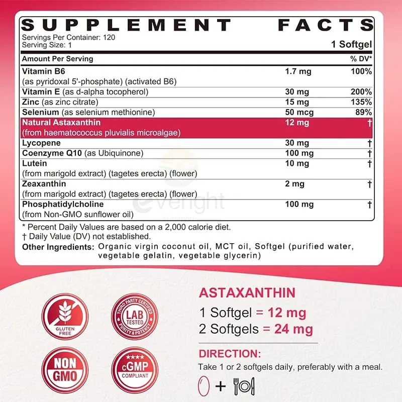 Liposomal Astaxanthin Supplements with Lycopene CoQ10 Lutein Vitamin B6 E Zinc Antioxidants for Healthy Skin Eyes Aging