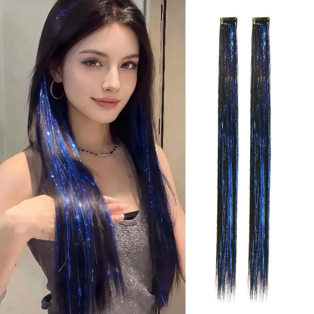 2PCS light brown with tinsel Hair Extensions 24inch Sparkling Hair Clips Multicolored Clip In On Hair Extension Synthetic Hair