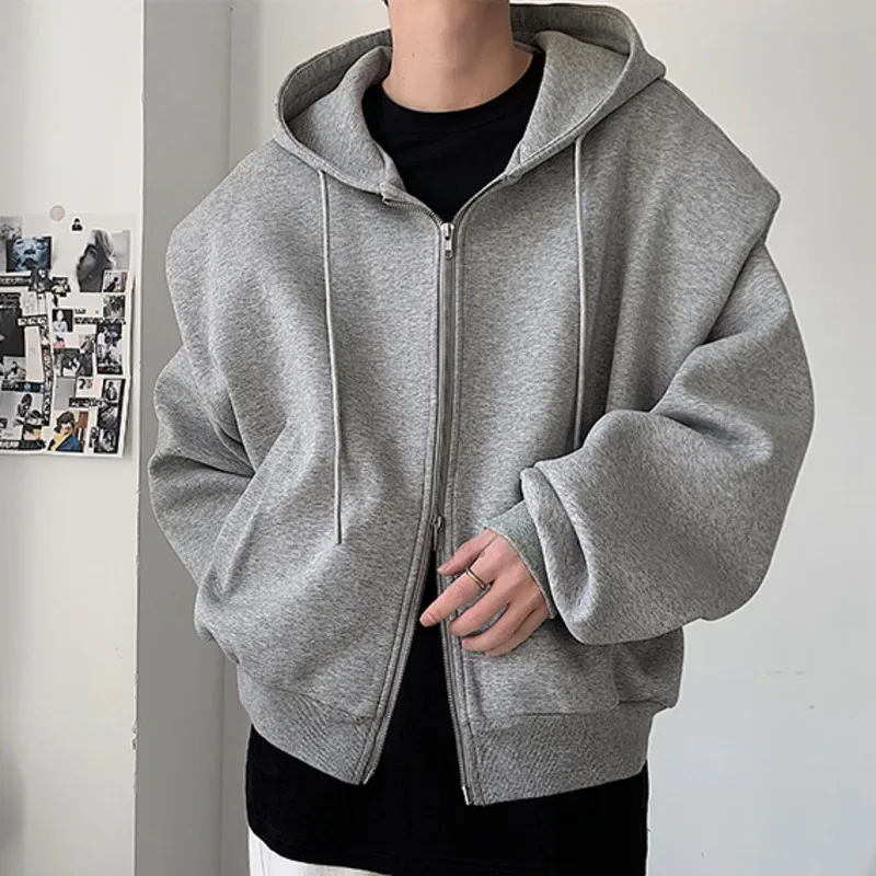Autumn New Padded Shoulder Design Solid Streetwear Men Double Zip-up Hooded Sweatshirts Harajuku Casual Daily Hoodies — image 4