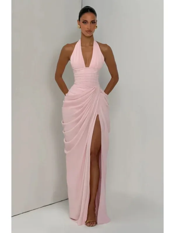 ผู้หญิงแฟชั่นจีบHalterชุดเอวCinchingแขนกุดBacklessแยกชุดMaxi 2026 เซ็กซี่ฤดูร้อนLady Party Gowns