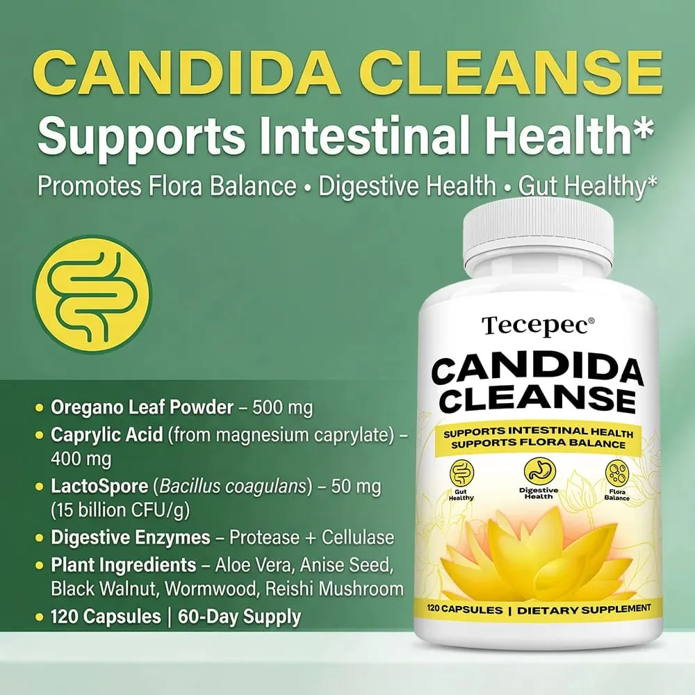 Candida-Reinigungskapseln – Darm-Kolon-Entgiftung, Darmflora-Balance, unterstützt die Verdauung, lindert Blähungen, antioxidative Ergänzung