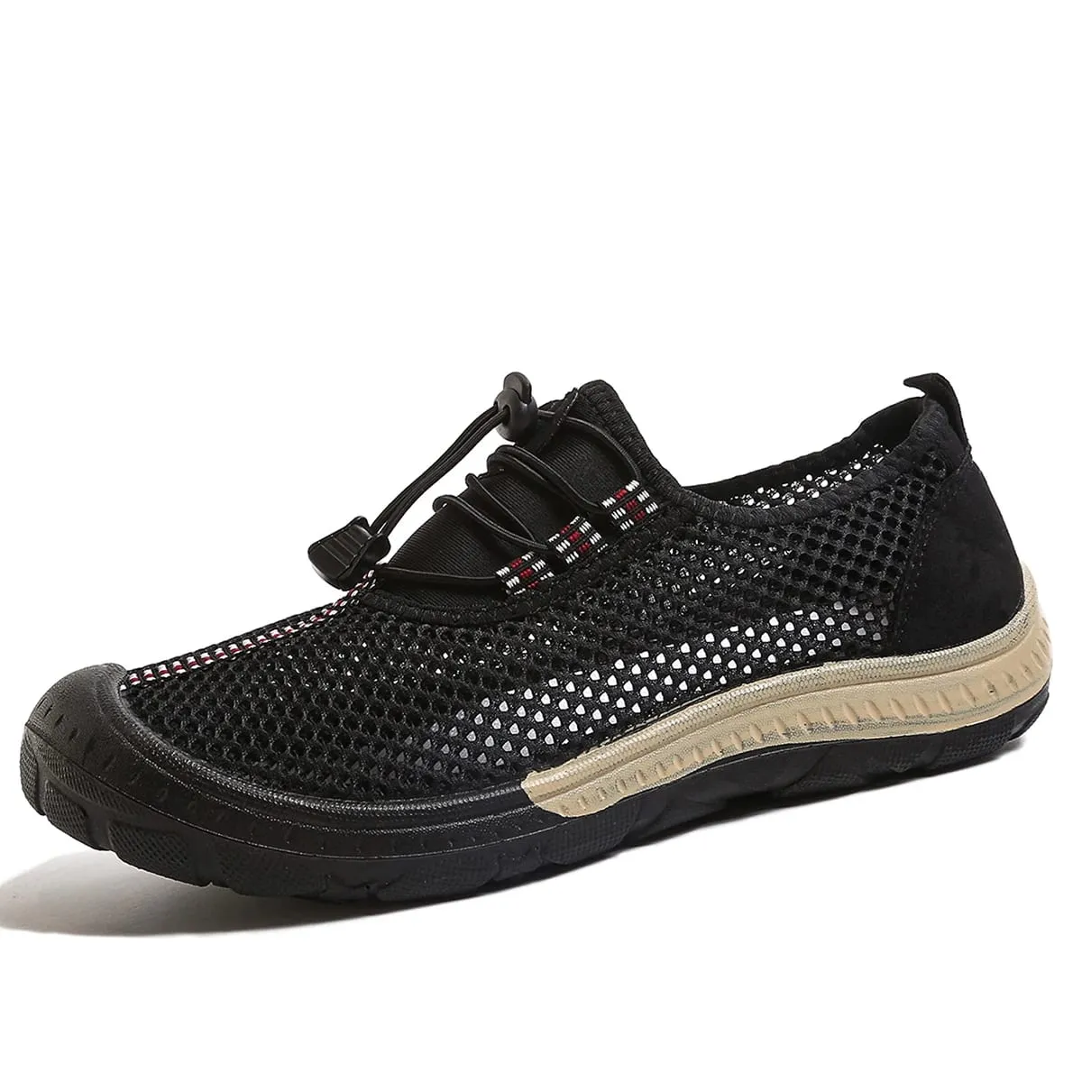 Men's Hollow Mesh Quick Toggle Lace Walking Trainers Striped Stitching Trim Wrapped Thick Rubber Toe Cap Outdoor Casual Shoes