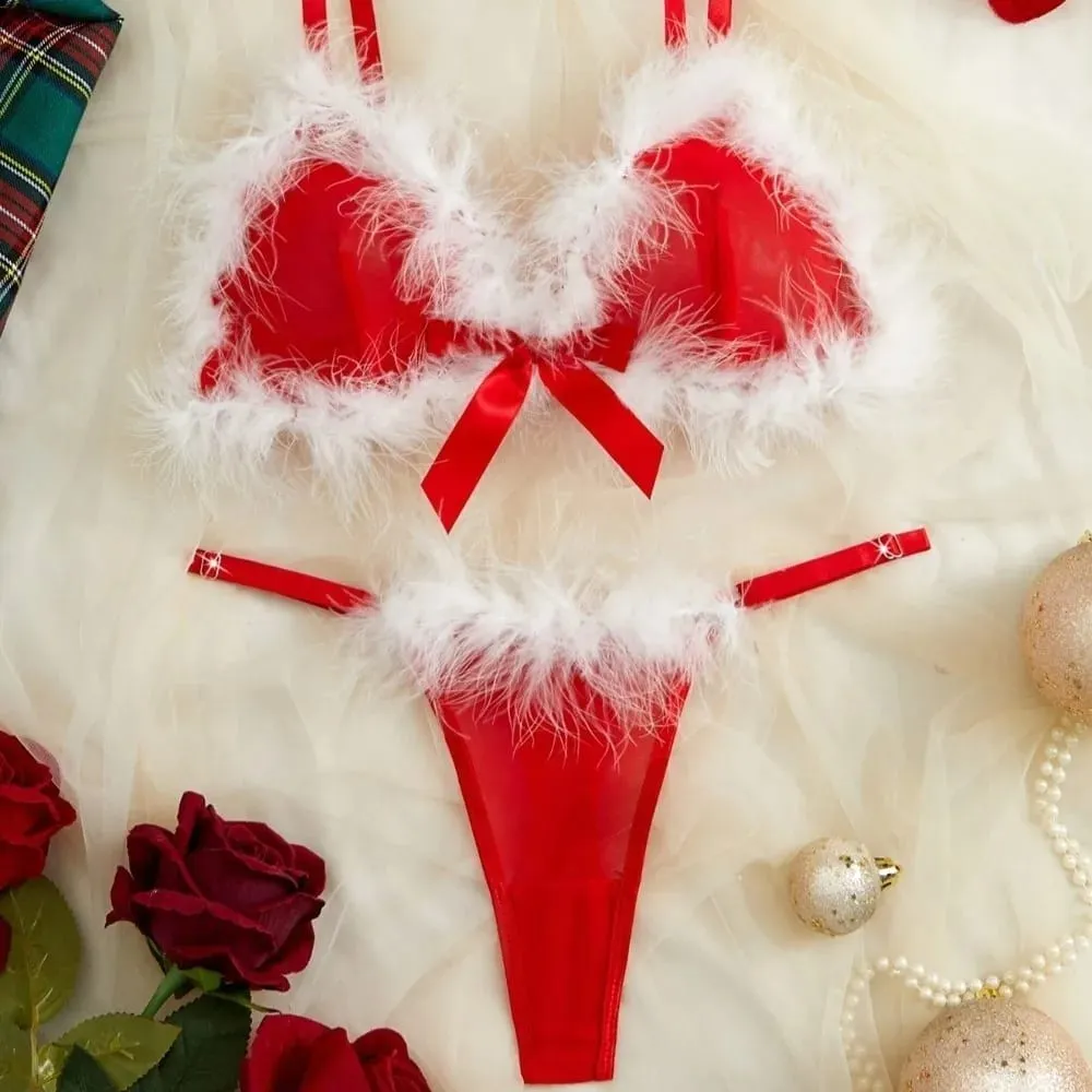 Furry Women's Underwear Mesh Transparent Bow Decor Lingerie Set Romantic Intimate Wireless Bra Panties Suit Anniversary