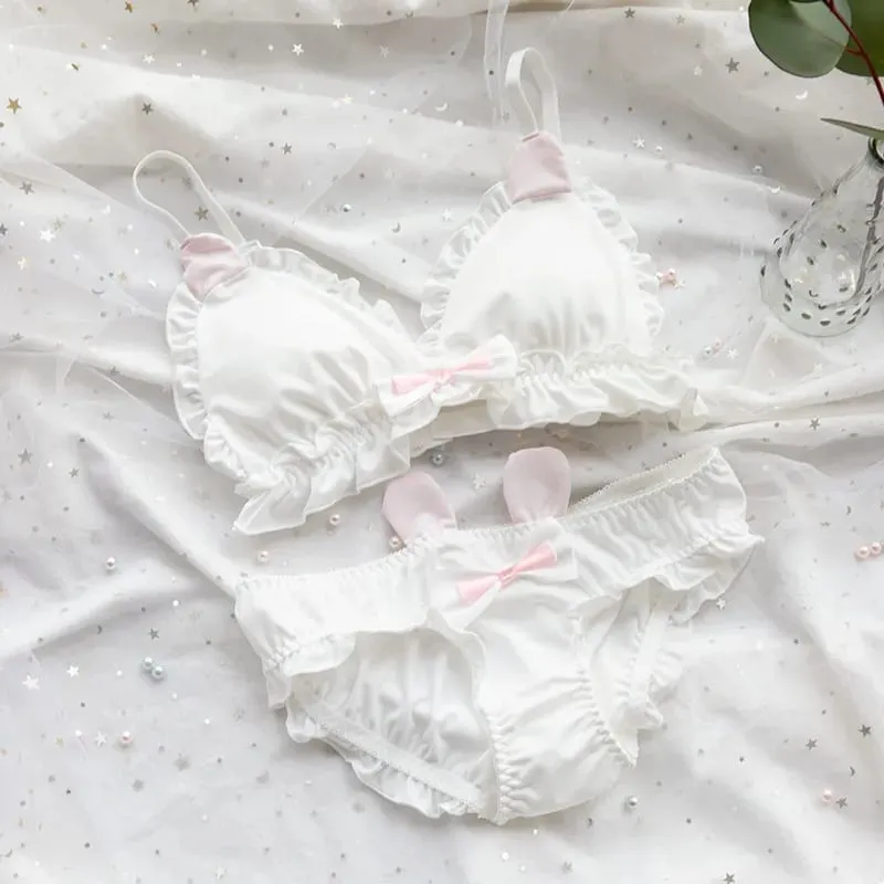 Conjunto de sutiã japonês macio para meninas, design de pata de gatinho fofo, tecido de seda de leite, copo triangular sem fio, lingerie feminina