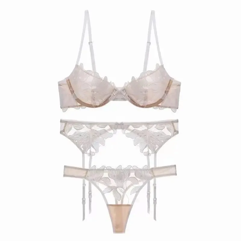 Transparent Floral Two Pieces Women Lace Lingerie Set Ultrathin Bra Briefs Ladies