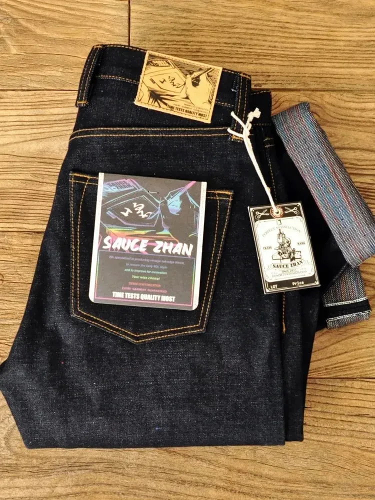 Mens Saucezhan Jeans 308XX-z1 21 oz Rainbow Selvedge Denim Vintage Raw for Men Sanforized Unwashed Heavyv