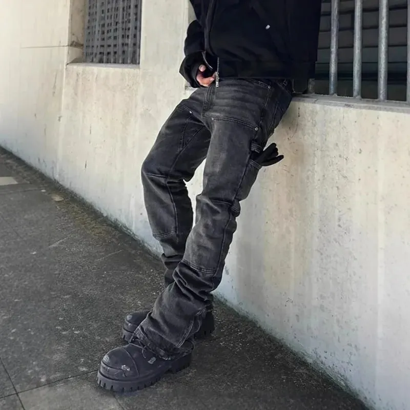 Bootcut Jeans Denim Pant Men Vintage Washed Distressed Mid Waist Slim Fit Trousers Y2k Streetwear Work Casual Splice Summer 2026