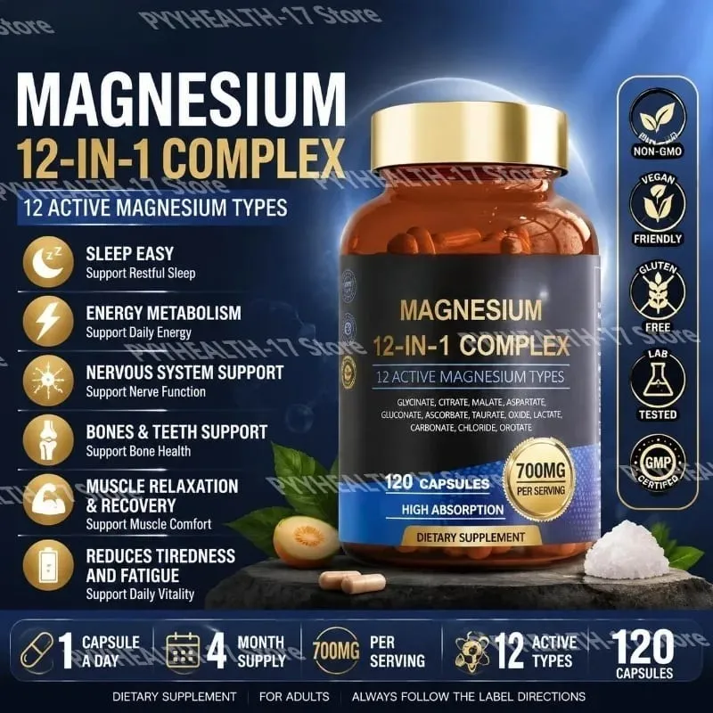 Magnesium 12-In-1 Complex Capsules for Sleep Support and Muscle Relaxation Nervous System & Heart Health 120 Capsules