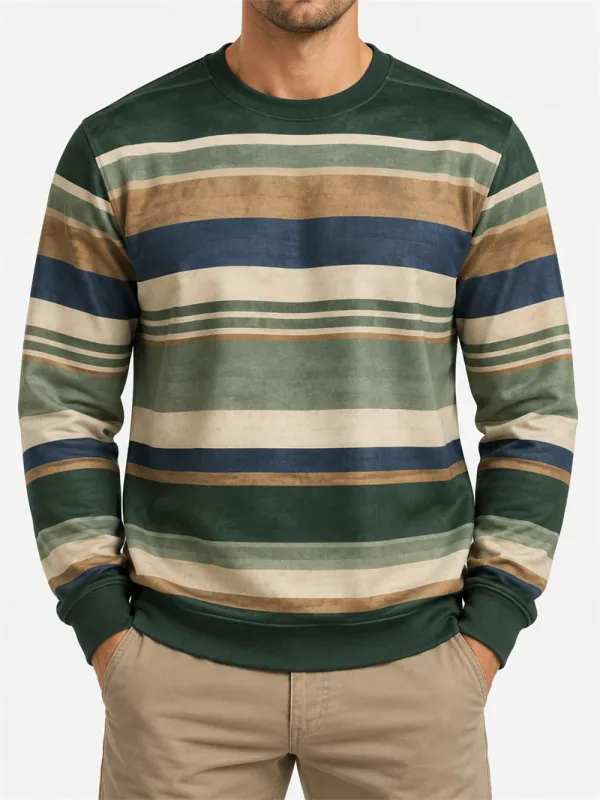 Moletom masculino listrado vintage, gola redonda, casual, manga comprida, pulôver, bloco de cores, outono, moda diária, top clássico